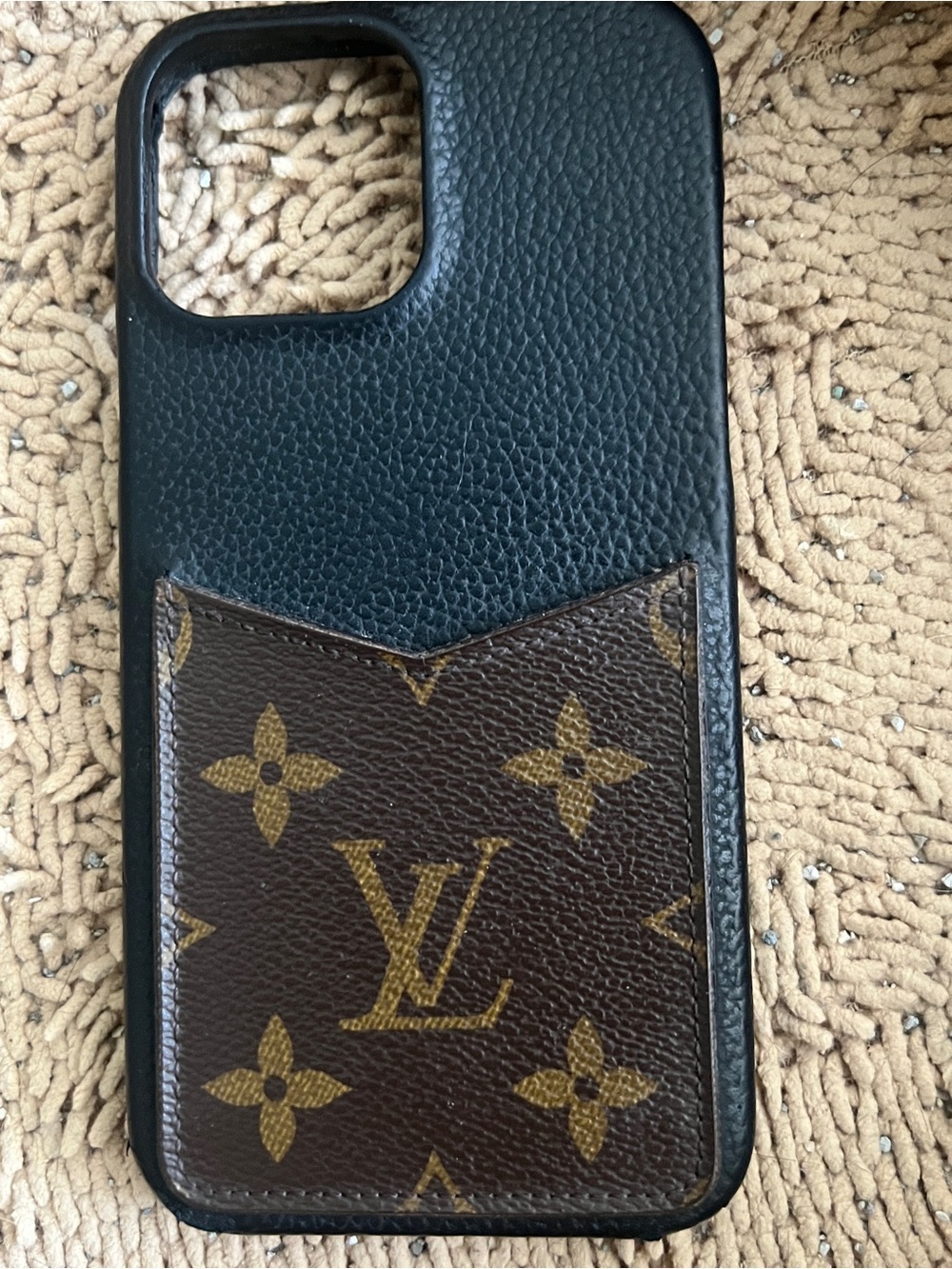 Louis Vuitton Black Leather Phone Case with Brown Monogram Card Pocket iP13ProMx